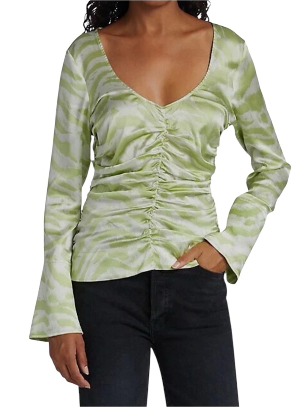 NWT GANNI Margarita Zebra Ruched Organic Silk Top Green EU 38 US 6